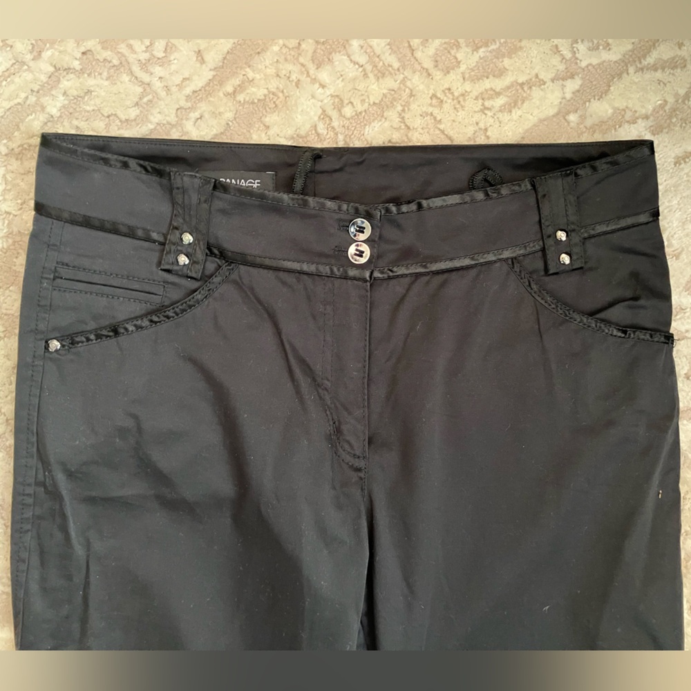 APNAGE Satin Trim Pants/TROUSERS Black Silver Accents 2 Buttons Zipper Fly 10
